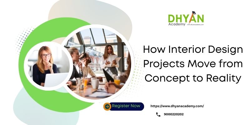 Promotional banner by Dhyan Academy explaining how interior design projects move from concept to reality, featuring a team discussion and a register now call to action.