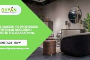 Promotional banner for Dhyan Academy’s interior design course in Hyderabad, featuring a modern living room with stylish furniture and greenery.