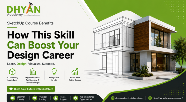 SketchUp Course Benefits banner by Dhyan Academy featuring a modern 3D house design, architectural wireframe model, and information about SketchUp training for architecture and interior design careers.