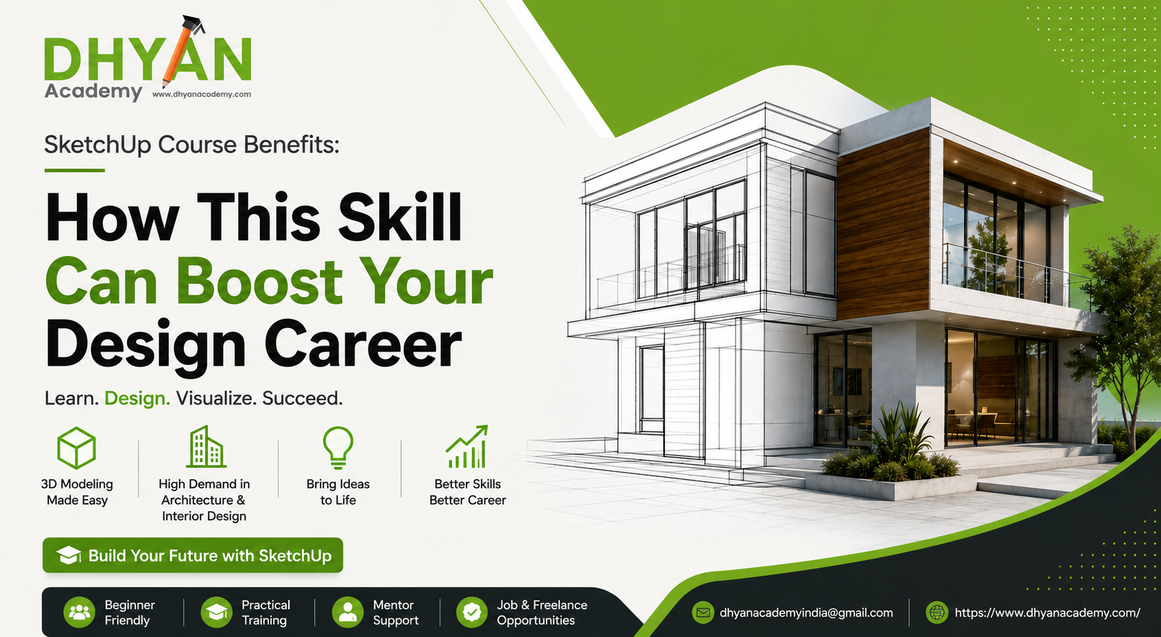 SketchUp Course Benefits banner by Dhyan Academy featuring a modern 3D house design, architectural wireframe model, and information about SketchUp training for architecture and interior design careers.