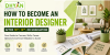 Educational blog banner showing a modern interior design workspace with the title "How to Become an Interior Designer After 10th, 12th, or Graduation" and Dhyan Academy branding in a green-themed layout.