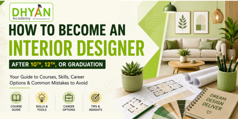 Educational blog banner showing a modern interior design workspace with the title "How to Become an Interior Designer After 10th, 12th, or Graduation" and Dhyan Academy branding in a green-themed layout.
