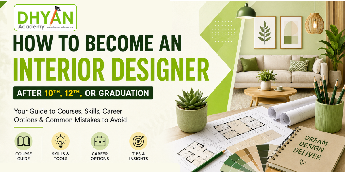 Educational blog banner showing a modern interior design workspace with the title "How to Become an Interior Designer After 10th, 12th, or Graduation" and Dhyan Academy branding in a green-themed layout.